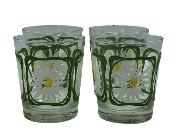 SET/4 VINTAGE GLASS DAISY TUMBLERS: SET/4 VINTAGE GLASS DAISY TUMBLERS - 3.5" X 4"- VERY GOOD CONDITIONCOLLECTIBLE DRINKWARE; BARWARE; GLASSES-BC 071321