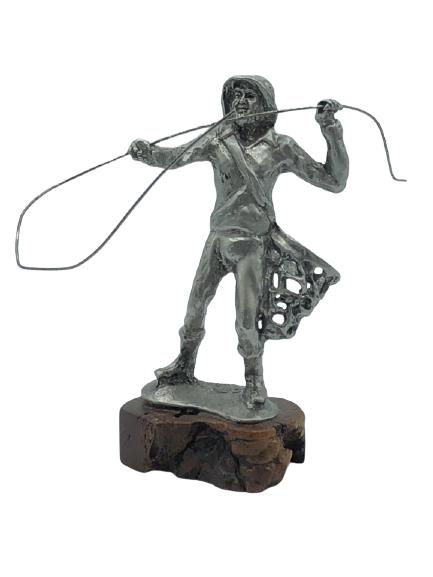 VINTAGE PEWTER FISHERMAN FIGURINE ON WOOD STAND: VINTAGE PEWTER FISHERMAN FIGURINE ON WOOD STAND - 3" X 5.5"- SIGNED BY ARTIST "BROOK"- VERY GOOD VINTAGE CONDITIONCOLLECTIBLE HOME DECOR; FIGURINES; FISHING; PEWTER-BC071321