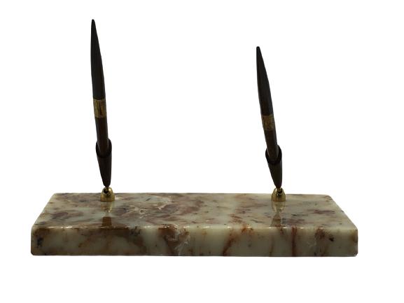 VINTAGE GRANITE-LOOK DOUBLE PEN HOLDER: VINTAGE GRANITE-LOOK DOUBLE PEN HOLDER - 10" X 4.5" X 1"- GOOD VINTAGE CONDITIONDESK ACCESSORIES; PEN HOLDERS- BC071321