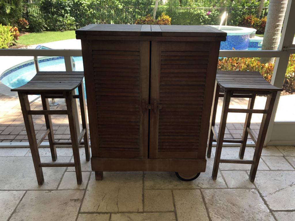 VINTAGE TEAK PATIO BAR & TWO STOOLS (1 of 3)