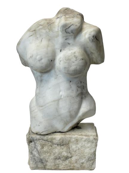 VINTAGE STONE BUST ON PEDESTAL STATUE: VINTAGE STONE BUST ON PEDESTAL STATUE- 20"H X 10"L X 4"W- BUST OF WOMEN'S TORSO ON SLAB- HAS BEEN USED OUTDOORS- VERY GOOD CONDITION CONSISTENT WITH AGE AND PROLONGED OUTDOOR USE-COLLECTIBLE OUTDOOR D