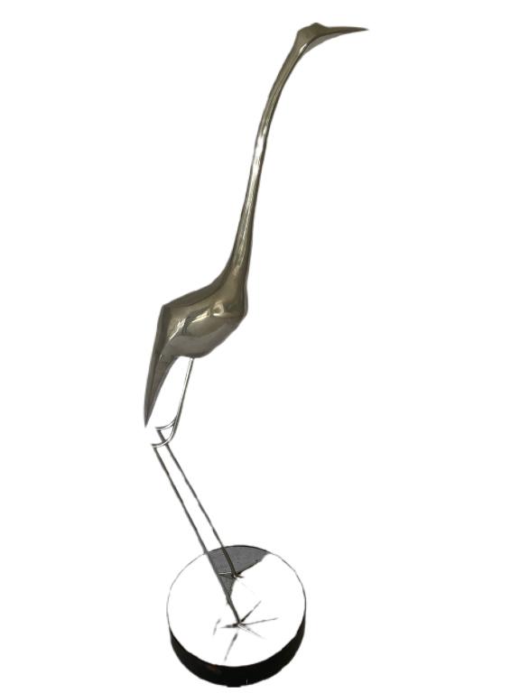 VTG TALL SILVER METAL CRANE STATUE ON ROLLING BASE 70"H (1 of 2)