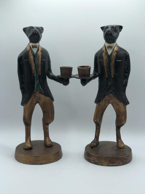 PAIR OF VINTAGE METAL DOGS IN TUXEDOS CANDLESTICKS (1 of 6)