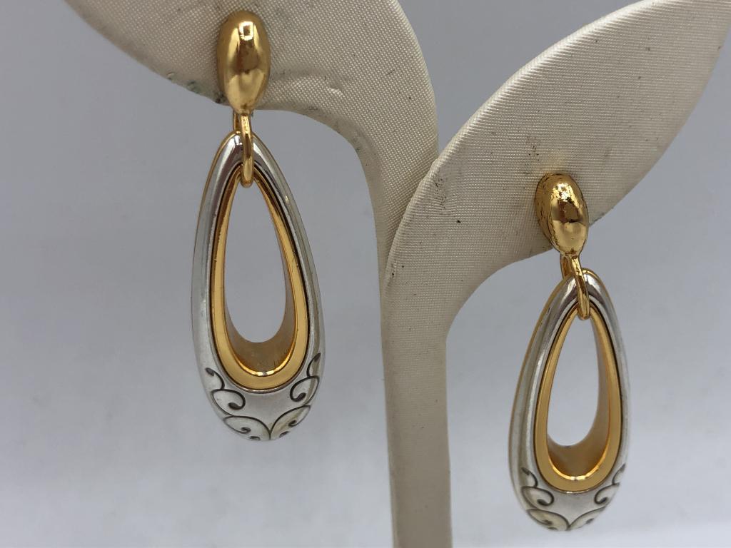 VINTAGE GOLD & SILVER DROP EARRINGS 1.75" (1 of 4)