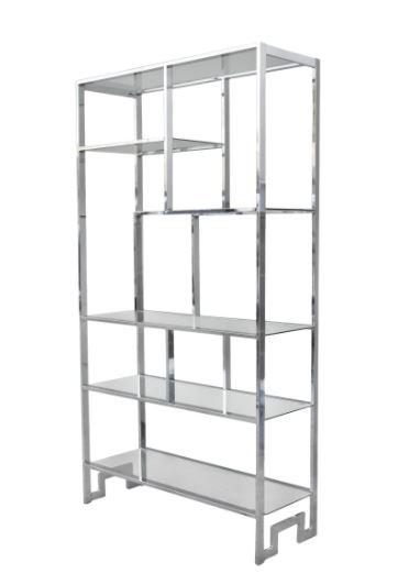 VINTAGE MILO BAUGHMAN GREEK KEY ETAGERE: VINTAGE 1970'S MILO BAUGHMAN GREEK KEY ETAGERE | WALL UNIT STORAGE -78.5" X 16" X 42" APPROX --VERY GOOD CONDITION CONSISTENT WITH AGE AND USE, LIGHT WEAR