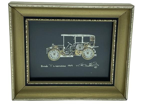 KEN BROADBENT WATCH CLOCK COLLAGE 6": VINTAGE ORIGINAL KEN BROADBENT WATCH TIMEPIECE CLOCK COLLAGE OF ANTIQUE BUICK LIMOUSINE AUTOMOBILE-5" X 6" APPROX-VERY GOOD CONDITION-DP71521 PORTAGE HOUSE 1FL