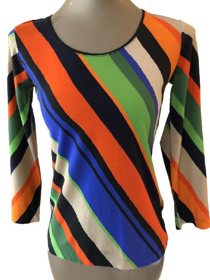 VINTAGE ESCADA STRIPED TOP SIZE SMALL: VINTAGE ESCADA STRIPED TOP SIZE SMALL - BOLD COLORS OF ORANGE, GREEN & BLUE- ROUND NECK, LONGER LENGTH- VERY GOOD CONDITION - WOMEN'S DESIGNER CLOTHING; COUTURE; HIGH END WOMEN'S; KNITWARE; FASHION ST
