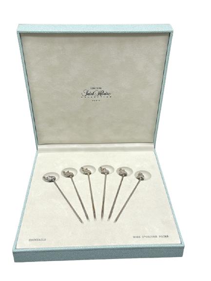 ST. HILAIRE ELEPHANT HORS D' OEUVRES PICKS IN BOX: VINTAGE 6 PIECE ST. HILAIRE "ERCIUS" ELEPHANT HORS D' OEUVRES / COCKTAIL PICKS IN BOX | COLLECTIBLE BARWARE