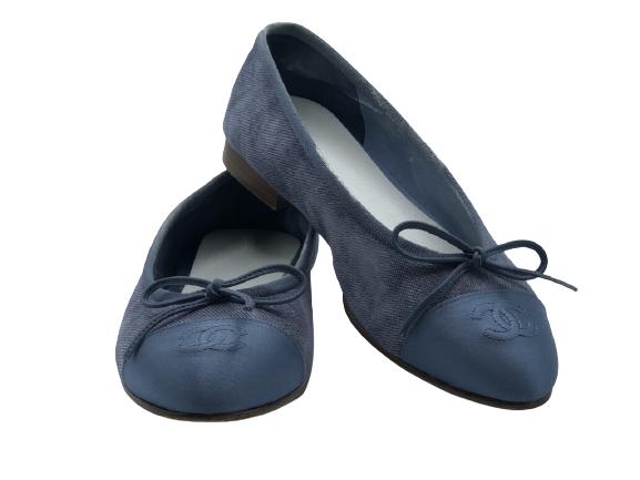 CHANEL NAVY LEATHER BALLET FLATS SZ 36.5 (1 of 3)