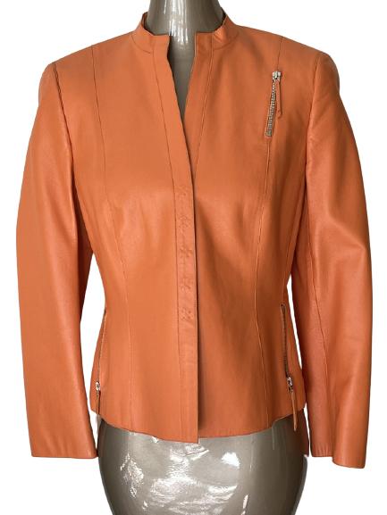 AKRIS APRICOT LEATHER ZIP FRONT JACKET SZ 8 (1 of 4)