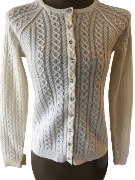 VTG BLOOMINGDALES WHITE CASHMERE EVENING SWEATER: VTG BLOOMINGDALES WHITE CASHMERE EVENING SWEATER - 100% TWO-PLY CASHMERE- PRETTY TWISTED POINTELLE DESIGN WITH RHINESTONE BUTTONS- VERY GOOD CONDITION- WOMEN'S DESIGNER CLOTHING; COUTURE; HIGH END WOM