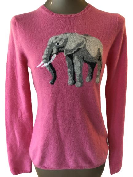 VTG J. CREW PINK CASHMERE CREWNECK W/ELEPHANT: VTG J. CREW PINK CASHMERE CREWNECK W/ELEPHANT - NO SIZE BUT MOST LIKELY A SMALL- VERY GOOD CONDITION- WOMEN'S DESIGNER CLOTHING; COUTURE; HIGH END WOMEN'S SWEATERS; CASHMERE; FASHION STYLES & TRENDS-