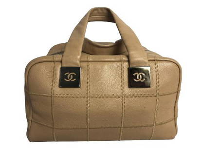 CHANEL TOP HANDLE BEIGE LEATHER LOGO SHOULDER BAG: CHANEL TOP HANDLE BEIGE LEATHER LOGO SHOULDER BAG - Square Wild Stitch Leather- Beige Leather Strap, Silver Hardware- 11.0"L 6.7 "H 6.7 "w- Very Good Condition- AAN4096