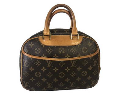 VTG LOUIS VUITTON MONOGRAM TOP HANDLE BAG 11": VTG LOUIS VUITTON MONOGRAM TOP HANDLE BAG 11" LUXURY DESIGNER HANDBAG HIGH END LEATHER 11" X 4" X 9"SMALL CURVED MONOGRAM BAGTWO NATURAL LEATHER TOP HANDLES FOUR MULTI-FUNCTION INTERIOR