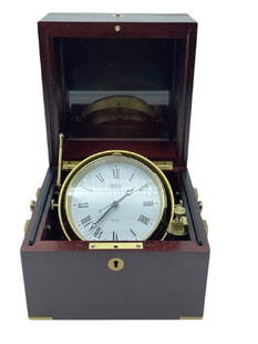 VINTAGE SHREVE CRUMP & LOW MARINE CLOCK 7": VINTAGE SHREVE CRUMP & LOW EXECUTIVE DESK CLOCK / MARINE CLOCK IM MAHOGANY CASE WITH BRASS HARDWARE-MEASURES-7" X 7" APPROX DIMENSIONS-