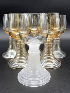 SET OF 6 MID CENTURY ROEMER WINE GLASSES: SET OF 6 1950'S ROEMER ANTIQUE GERMAN STYLE WINE GLASSES GOBLETS WITH BEEHIVE STEMS | COLLECTIBLE BARWARE MID CENTURY MODERN GLASS ART-6" X 3" APPROX-VERY GOOD CONDITION, LIGHT WEAR CONSISTENT WITH