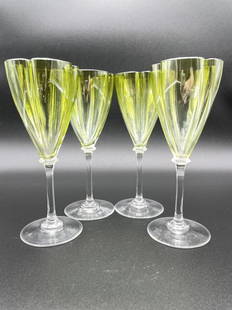 4 VINTAGE MOSER WINE GLASSES: SET OF 4 RARE CLOVER SHAPED MOSER STYLE WINE GLASS GOBLETS | COLLECTIBLE BARWARE 1920'S DECO STYLE REGENCY STYLE HOME ACCESSORIES DECOR-7" X 3" APPROX-VERY GOOD CONDITION, LIGHT WEAR CONSISTENT WITH