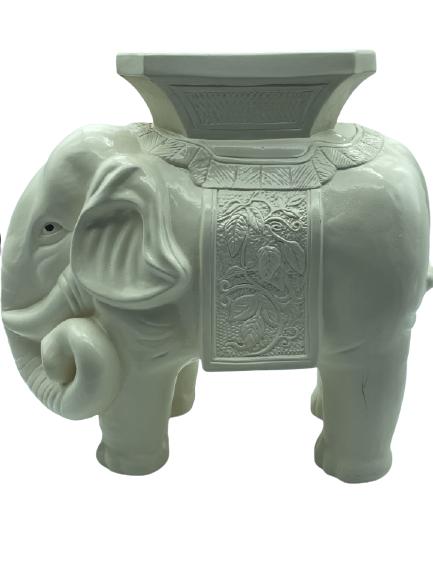 VINTAGE WHITE CERAMIC ELEPHANT GARDEN STOOL: VINTAGE MID CENTURY WHITE CERAMIC ELEPHANT STOOL / SIDE TABLE | VTG RETRO GARDEN FURNITURE OUTDOOR LIVING HOME AND GARDEN STOOLS BENCHES TABLES-MEASURES-VERY GOOD VINTAGE CONDITION, MINOR CHIPPING-DP8