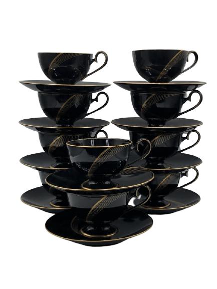 LOT/10 NIKKO "CITY LIGHTS" PORCELAIN CUPS/SAUCERS: LOT/10 NIKKO "CITY LIGHTS" PORCELAIN CUPS/SAUCERS - CUP IS 3.5" DIAMETER- SAUCER IS 6" DIAMETER- BLACK & GOLD- MADE IN JAPAN- FINE BONE CHINA- VERY GOOD CONDITION - NO CHIPS OR CRACKS- COLLECTIBLE DIN