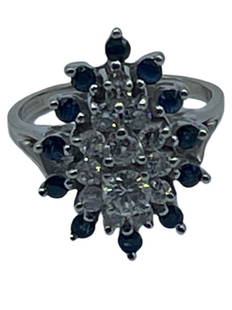 14K WHITE GOLD, DIAMOND, AND SAPPHIRE COCTAIL RING: 14K WHITE GOLD, DIAMOND, AND SAPPHIRE COCTAIL RING-SZ 7