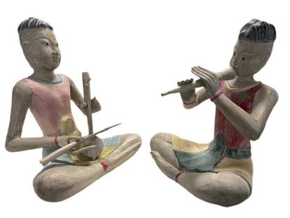 PAIR OF ASIAN THAI SEATED CARVED WOOD STATUES 24": PAIR OF ASIAN THAI SEATED CARVED WOOD STATUES PLAYING FLUTE AND PHIN INSTRUMENTS-24" X 20" X 15" APPROX- GOOD CONDITION, CRACKS THROUGHT CONSISTENT WITH AGE, SEE PHOTOS