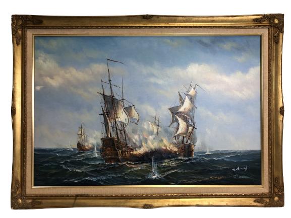 J. HARVEY BATTLESHIP SCENE FRAMED OIL PAINTING 41" (1 of 9)