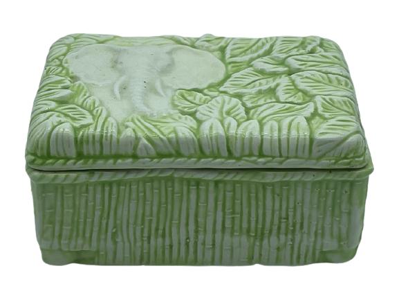 VINTAGE CERAMIC KEEPSAKE ELEPHANT BOX: VINTAGE CERAMIC KEEPSAKE ELEPHANT BOX -MARKED FLORIDA-2"X 6" X 4" APPROX-VERY GOOD CONDITION, LIGHT WEAR CONSISTENT WITH AGE AND USE-DP8321 PORTAGE HOUSE 1 FL