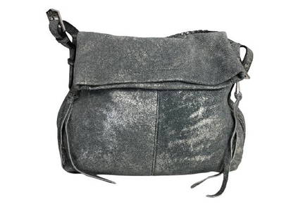 VINTAGE AIMEE KESTENBERG METALLIC DENIM BAG: VINTAGE AIMEE KESTENBERG DENIM METALLIC BAG - 9.5" X 13" X 7"- METALLIC BLUE LEATHER- DOUBLE ENTRY SLOUCHY STYLE- MULTIPLE INTERIOR & EXTERIOR POCKETS- SILVER HARDWARE- VERY GOOD CONDITION- WOMEN'S HA