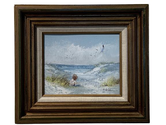 H. GIBSON BEACH SCENE W CHILD OIL PAINTING 17" (1 of 3)