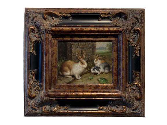 VINTAGE OLD MASTER STYLE PAINTING OF RABBITS 20" (1 of 7)