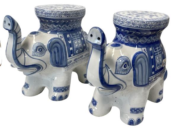 PAIR OF ELEPHANT GARDEN STOOLS / TABLES 20": PAIR OF VINTAGE CHINOISERIE ASIAN MODERN BLUE & WHITE ELEPHANT CERAMIC GARDEN STOOLS | INDOOR OUTDOOR PATIO HOME DECOR-18.5" X 20" X 9" APPROX-VERY GOOD CONDITION-DP82021