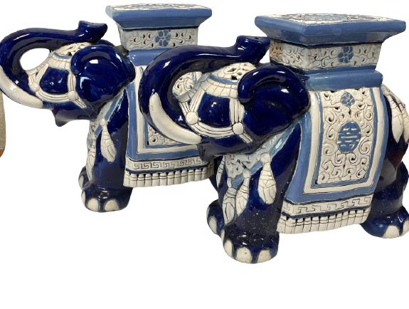 PAIR OF ELEPHANT GARDEN STOOLS / TABLES 20": PAIR OF VINTAGE CHINOISERIE ASIAN MODERN COBALT BLUE & WHITE ELEPHANT CERAMIC GARDEN STOOLS | INDOOR OUTDOOR PATIO HOME DECOR-18.5" X 20" X 9" APPROX-VERY GOOD CONDITION-DP82021