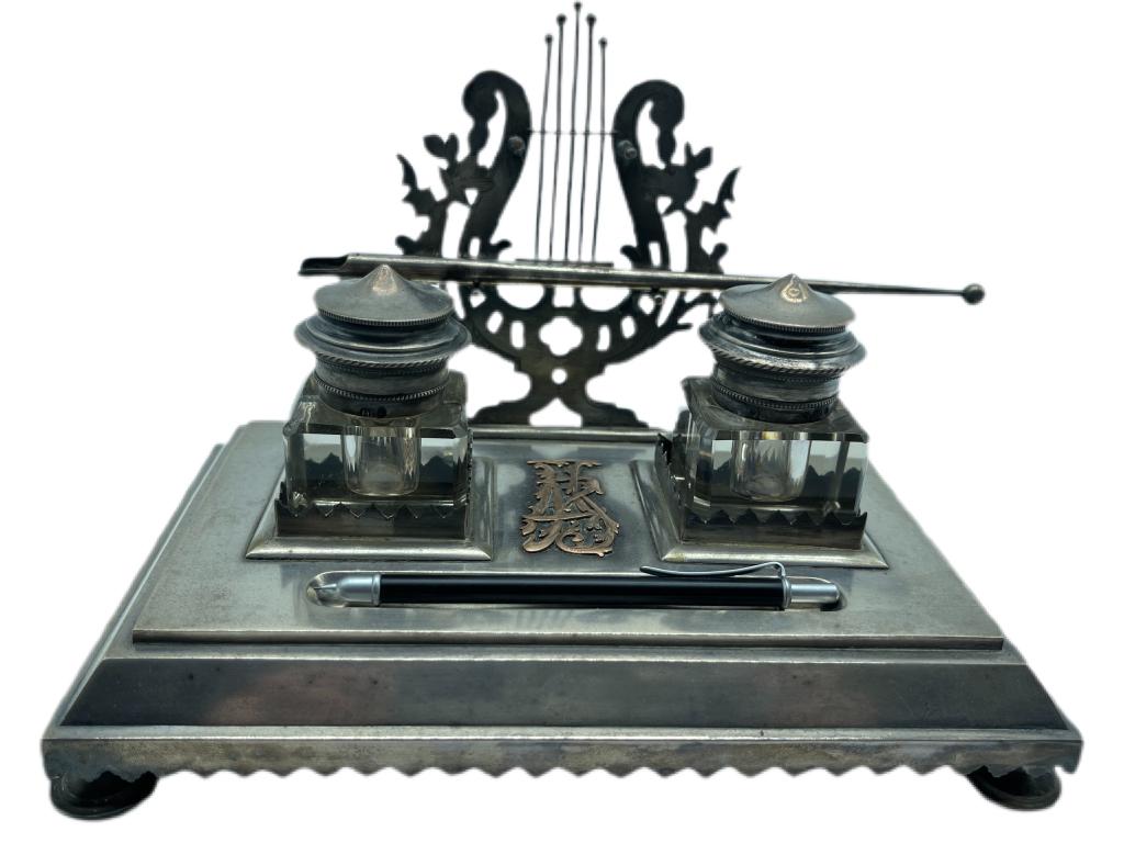 VTG DECORATIVE SILVER INKWELL WITH TWO INK POTS (1 of 6)