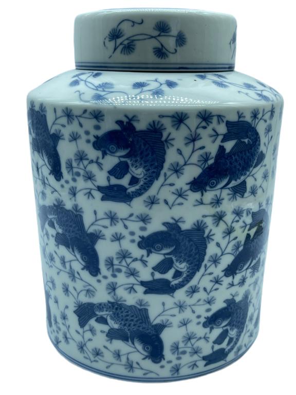 PORCELAIN KOI FISH DESIGN LIDDED JAR: PORCELAIN KOI FISH DESIGN LIDDED JAR - PRETTY BLUE & WHITE KOI FISH DESIGN- VERY GOOD CONDITION- BC081621