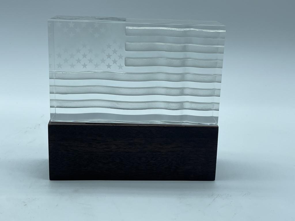CUT GLASS AMERICAN FLAG ON WOOD BLOCK: CUT GLASS AMERICAN FLAG ON WOOD BLOCK - 3.5" X 6" X 2"- VERY GOOD CONDITION- BC081621
