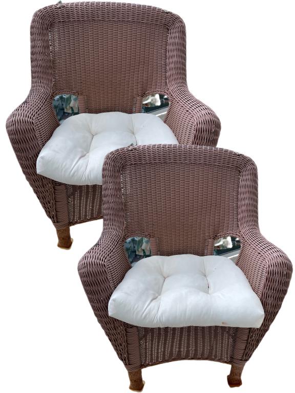 PAIR OF HAMILTON BAY OUTDOOR PATIO CHAIRS 35": PAIR OF HAMILTON BAY STYLE OUTDOOR PATIO CHAIRS -PLASTIWICK WICKER MATERIAL-35" X 28" X 20" APPROX EACHGOOD CONDITION , WEAR CONSISTENT WITH AGE AND OUTDOOR USE-DP81821RF