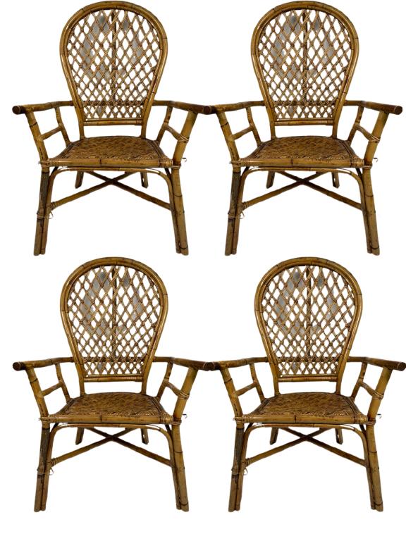 SET OF 4  BAMBOO RATTAN PEACOCK DINING ARM CHAIRS (1 of 11)