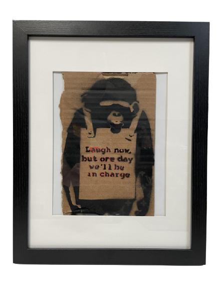 2015 BANKSY " LAUGH NOW " STENCIL ON CARDBOARD (1 of 3)