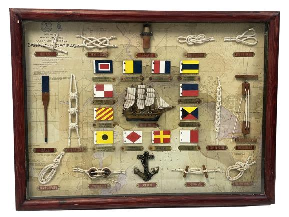 NAUTICAL FLAGS / FISHERMANS KNOTS SHADOW BOX 24": VINTAGE NAUTICAL FLAGS / FISHERMANS KNOTS SHADOW BOX DIAGRAM WALL ART | COASTAL MODERN HOME DECOR -18" X 24" APPROX-VERY GOOD CONDITION-DP9121