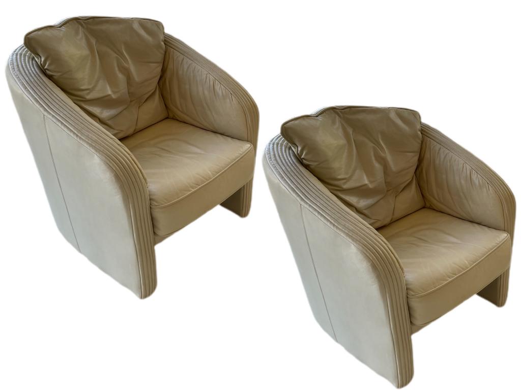VINTAGE BEIGE LEATHER ROCHE BOBOIS CLUB CHAIRS: VINTAGE BEIGE LEATHER ROCHE BOBOIS CLUB CHAIRS -30" x 28" x 28" each -VERY GOOD CONDITION