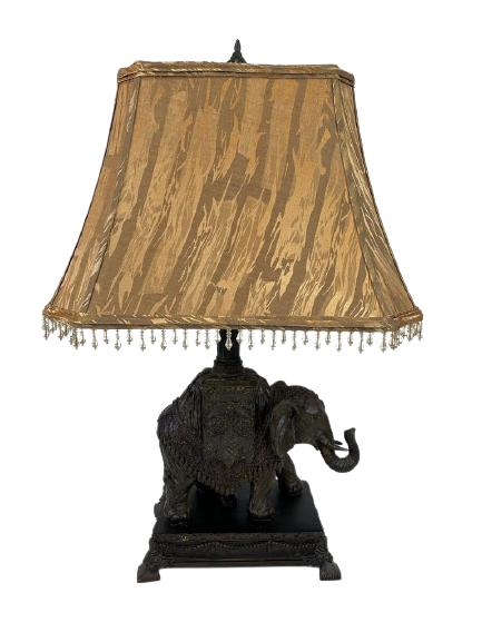 VINTAGE MAITLAND SMITH STYLE ELEPHANT TABLE LAMP: VINTAGE MAITLAND SMITH STYLE ELEPHANT TABLE LAMP-COMPOSITE MATERIAL-29"X 6" X 9" APPROX WITH SHADE-VERY GOOD CONDITION, WEAR CONSISTENT WITH AGE AND USE-DP9221