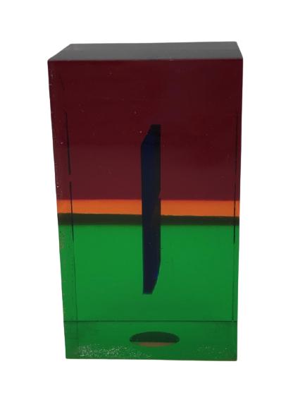 VTG MERLE EDELMAN MULTICOLOR LUCITE PAPERWEIGHT: VTG & RARE MERLE EDELMAN MULTICOLOR LUCITE PAPERWEIGHT EG DESIGN CANADA 1970's SCULPTURE- 4.5"H X 2.5" L X 2" W- MODERN GEOMETRIC DESIGN IN COLORED LUCITE- SOME SCRATCHES CONSISTENT WITH USE BUT OTHER