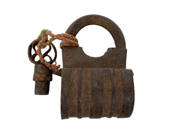ANTIQUE INDIAN SCREW TYPE PADLOCK AND KEY 3" (1 of 4)
