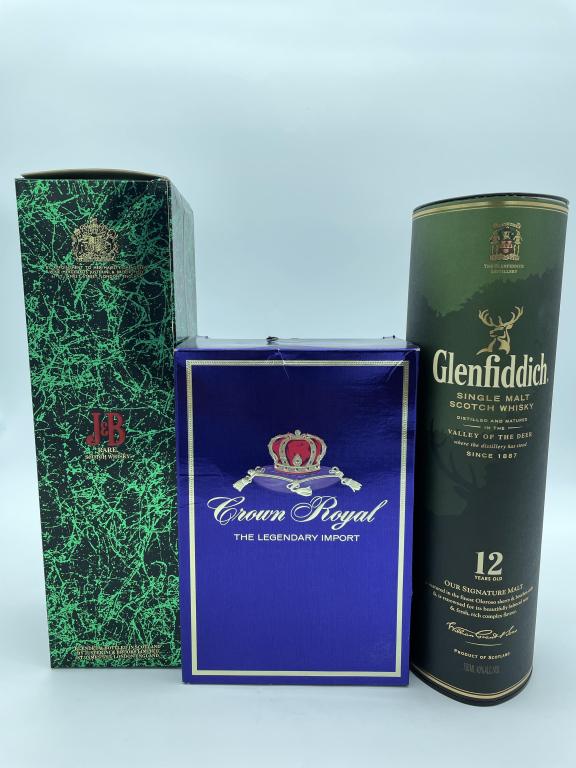 GLENFIDDICH , J&B SCOTCH WHISKY, CROWN ROYAL, NIB (1 of 6)