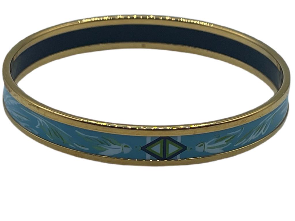 HERMES ENAMEL BLUE/WHITE/GOLD FEATHER BANGLE (1 of 4)