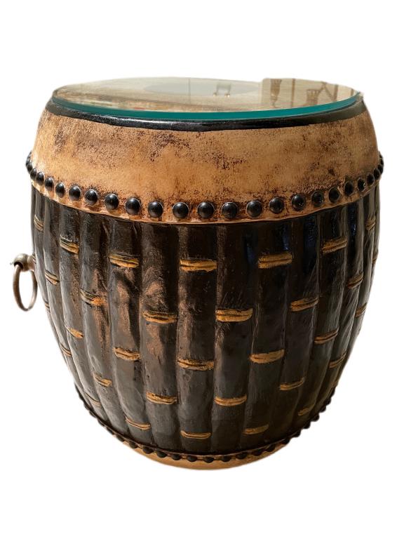 VINTAGE DRUM TABLE WITH GLASS TOP 18" (1 of 4)