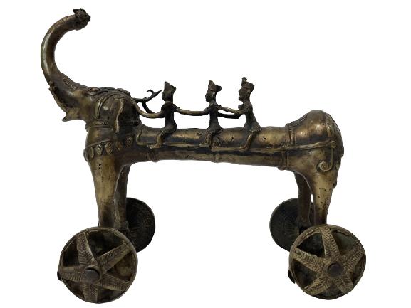 ANTIQUE STYLE BRASS INDIA ELEPHANT ROLLING TOY 14": VINTAGE ANTIQUE STYLE BRASS INDIA ELEPHANT TOY WITH WARRIOR RIDERS | COLLECTIBLE INDIAN TOYS -12"X 14" X 6" APPROX-VERY GOOD CONDITION-DP91321