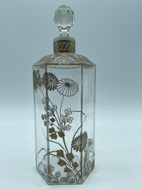 VTG DECO STYLE GOLD FLORAL GLASS DECANTER 9" (1 of 6)