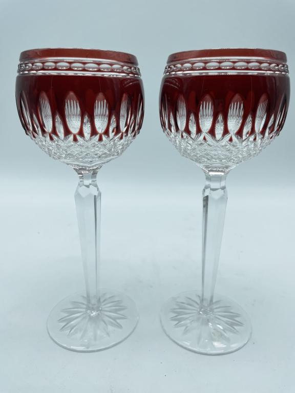 WATERFORD CLARENDON CRYSTAL RUBY WINE GLASSES PAIR: PAIR OF WATERFORD CLARENDON CRYSTAL RUBY RED WINE GLASSES-8"X 3" APPROX-VERY GOOD CONDITION-DP91321
