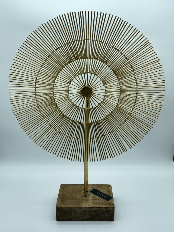CURTIS JERE STYLE SUNBURST METAL SCULPTURE 24": CURTIS JERE STYLE TAHARI HOME SUNBURST METAL SCULPTURE ON WOOD BASE-24" X 16" APPROX-VERY GOOD CONDITION, NEW WITH TAG-DP91521